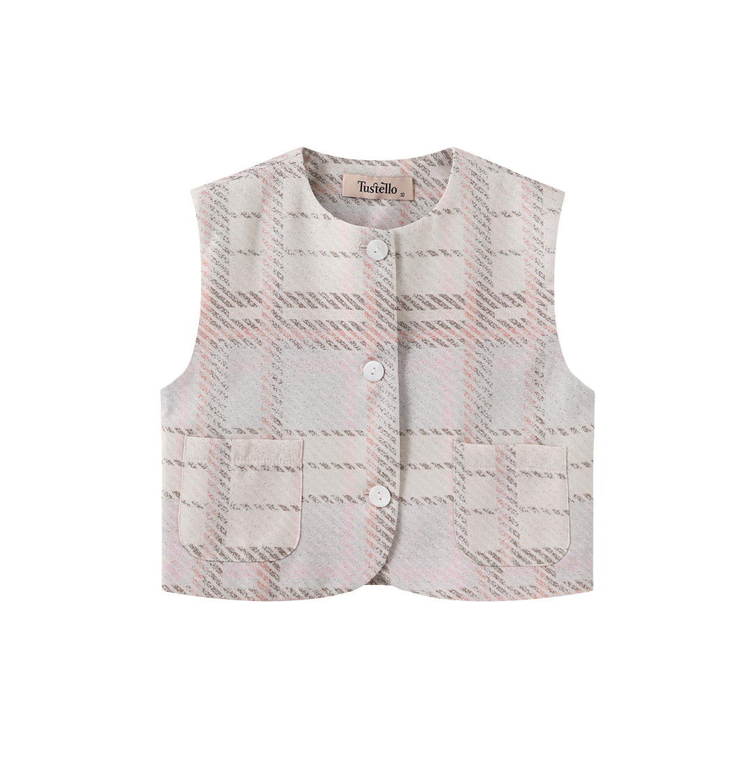 TUSTELLO PALE PINK PLAID BUTTON VEST