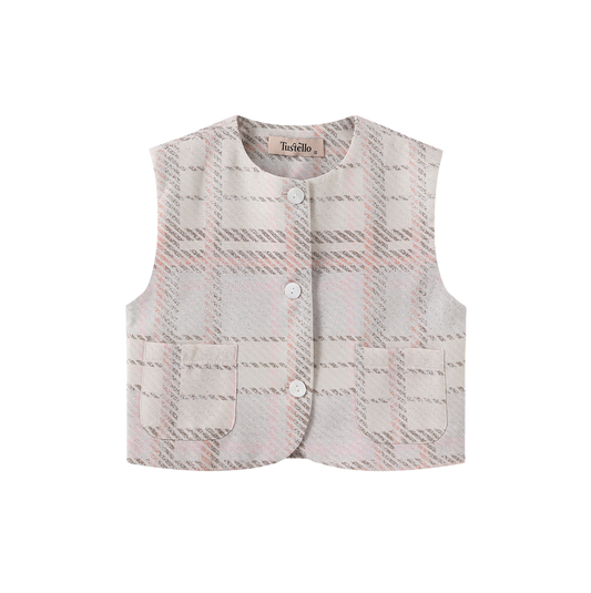 TUSTELLO PALE PINK PLAID BUTTON VEST