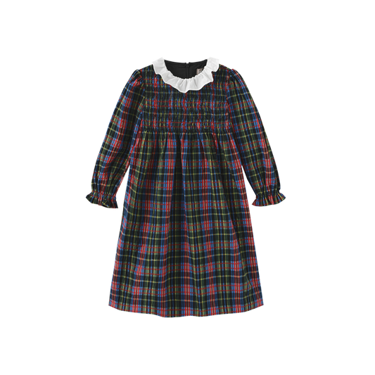 ONE CHILD RED PLAID SMOCK RUFFLE COLLAR DRESS