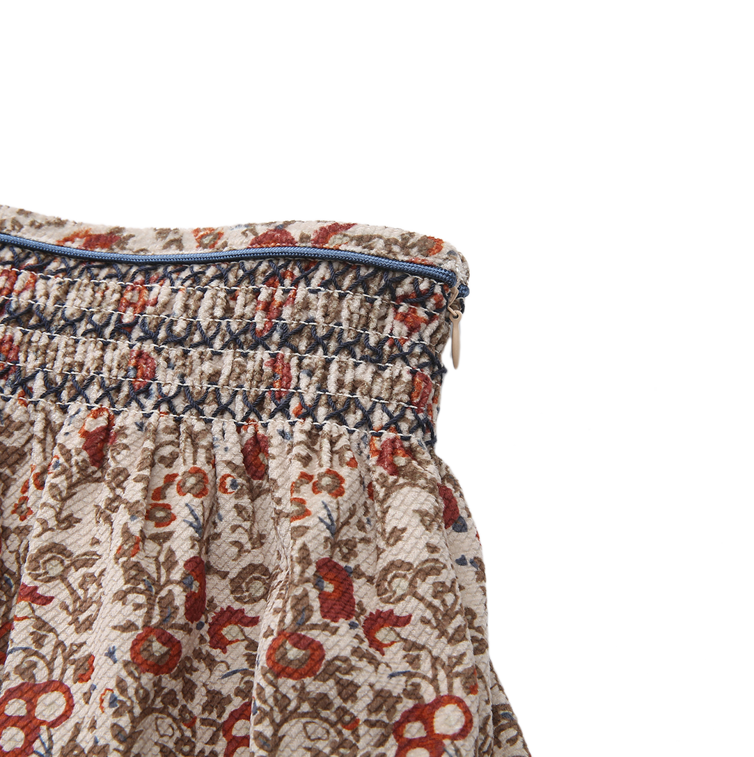 ONE CHILD OLIVE/RUST FLORAL PRINT SMOCK SKIRT