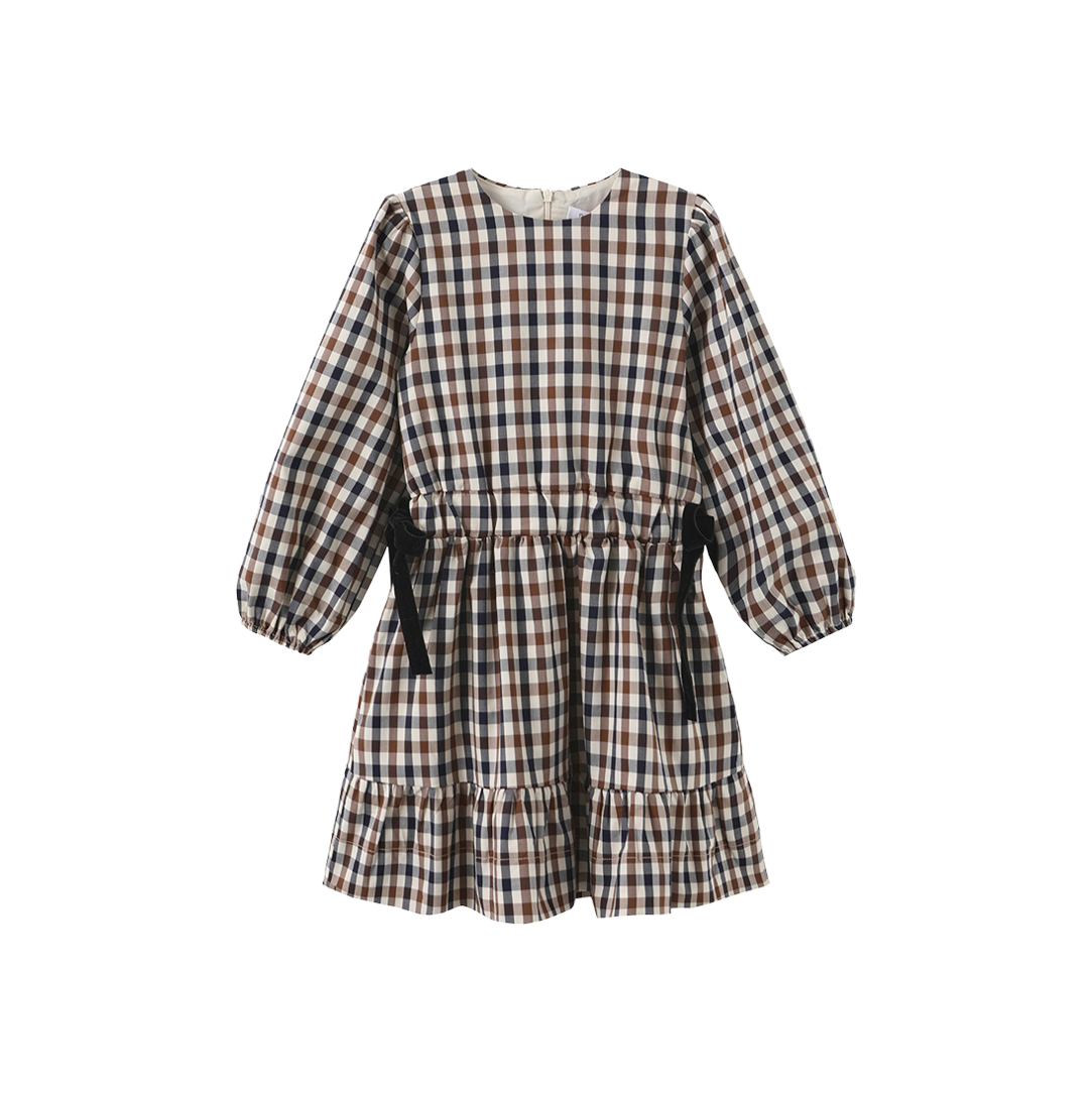PAPILLON NAVY/BROWN CHECKED BOW WAIST DRESS