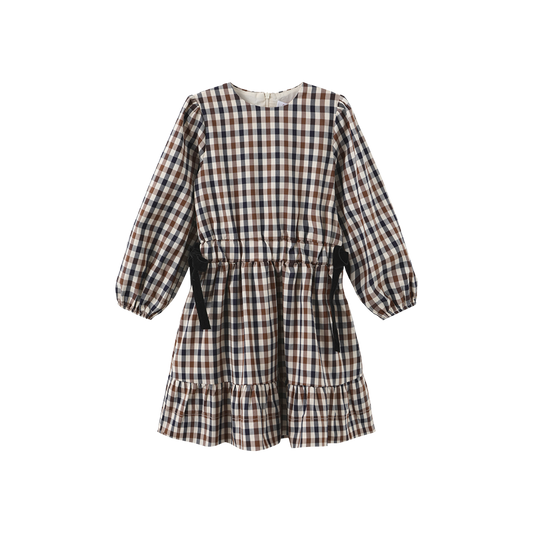 PAPILLON NAVY/BROWN CHECKED BOW WAIST DRESS