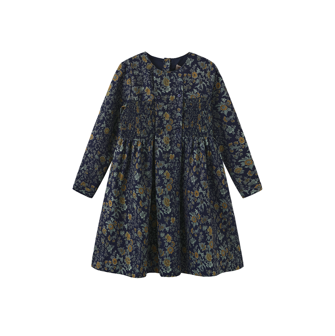PHIL AND PHOEBE NAVY FLORAL POPLIN SMOCKED DRESS
