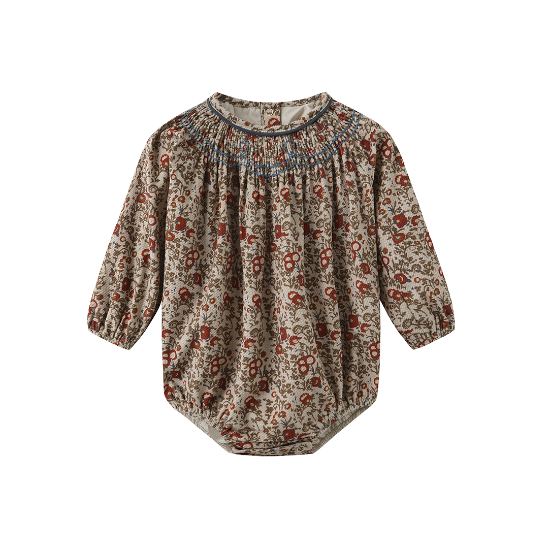 ONE CHILD OLIVE/RUST FLORAL PRINT SMOCK ROMPER