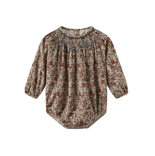 ONE CHILD OLIVE/RUST FLORAL PRINT SMOCK ROMPER