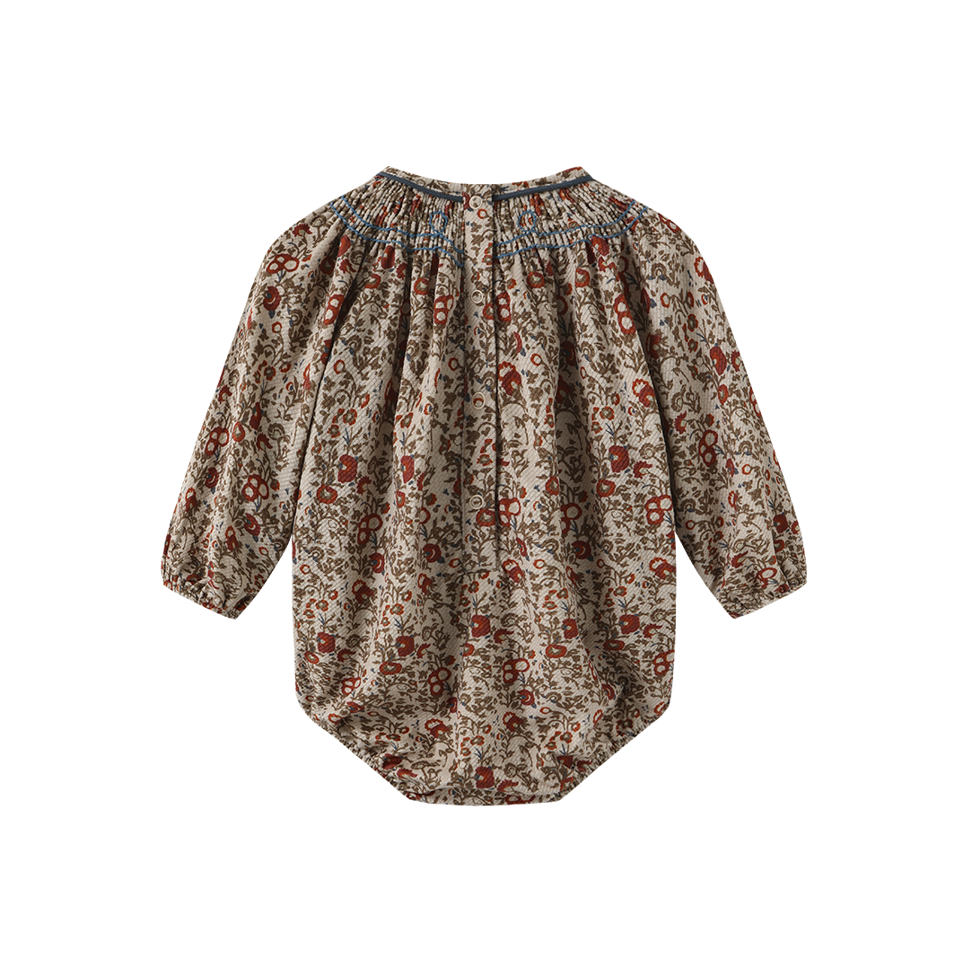 ONE CHILD OLIVE/RUST FLORAL PRINT SMOCK ROMPER