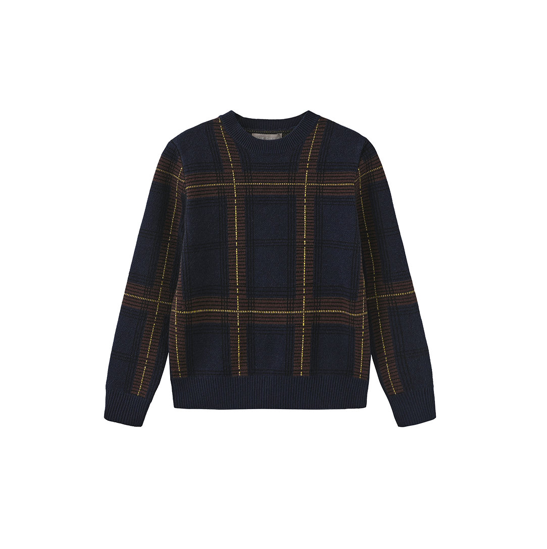 ONE CHILD NAVY PLAID KNIT SWEATER
