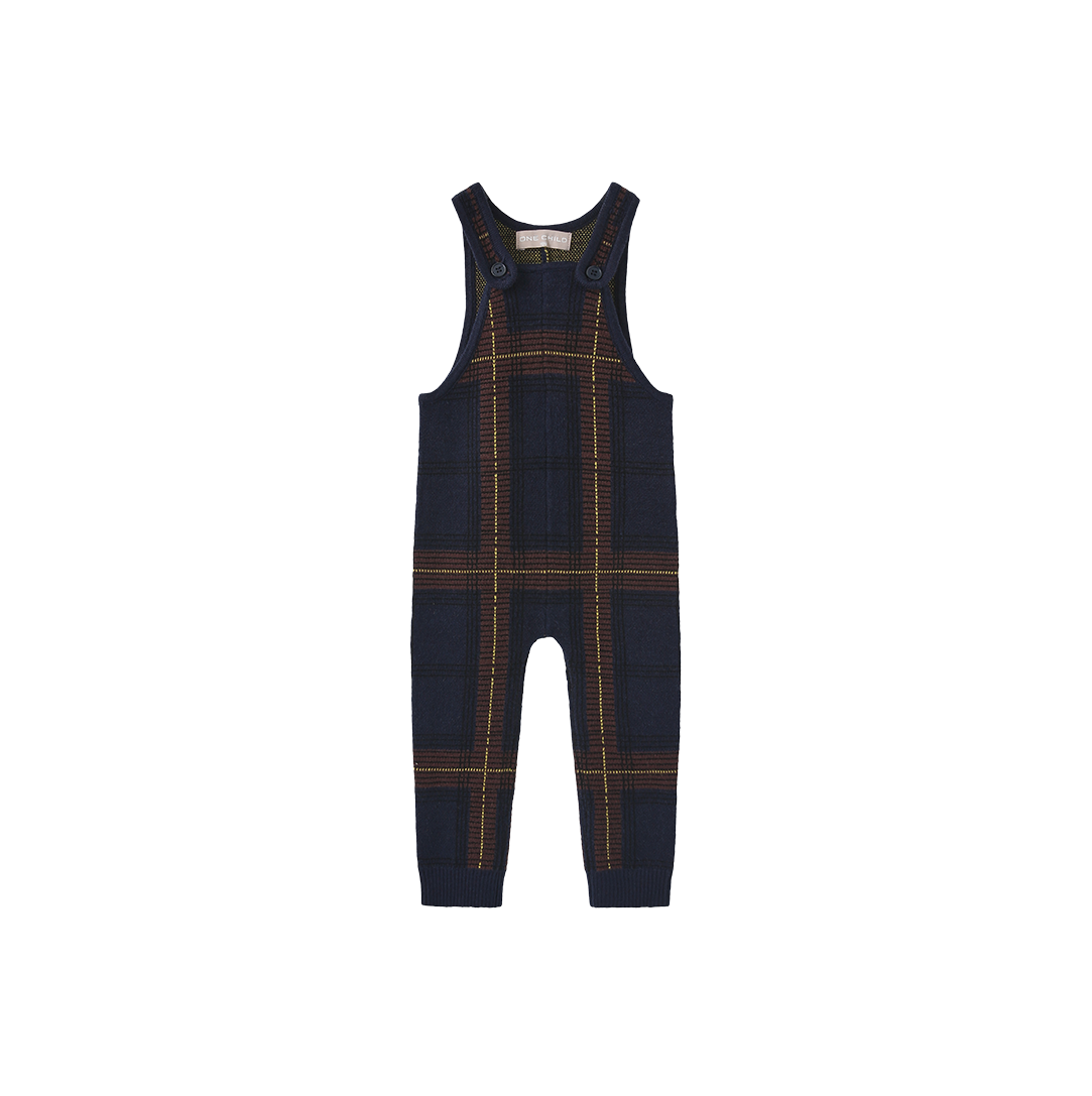 ONE CHILD NAVY PLAID KNIT ROMPER SET