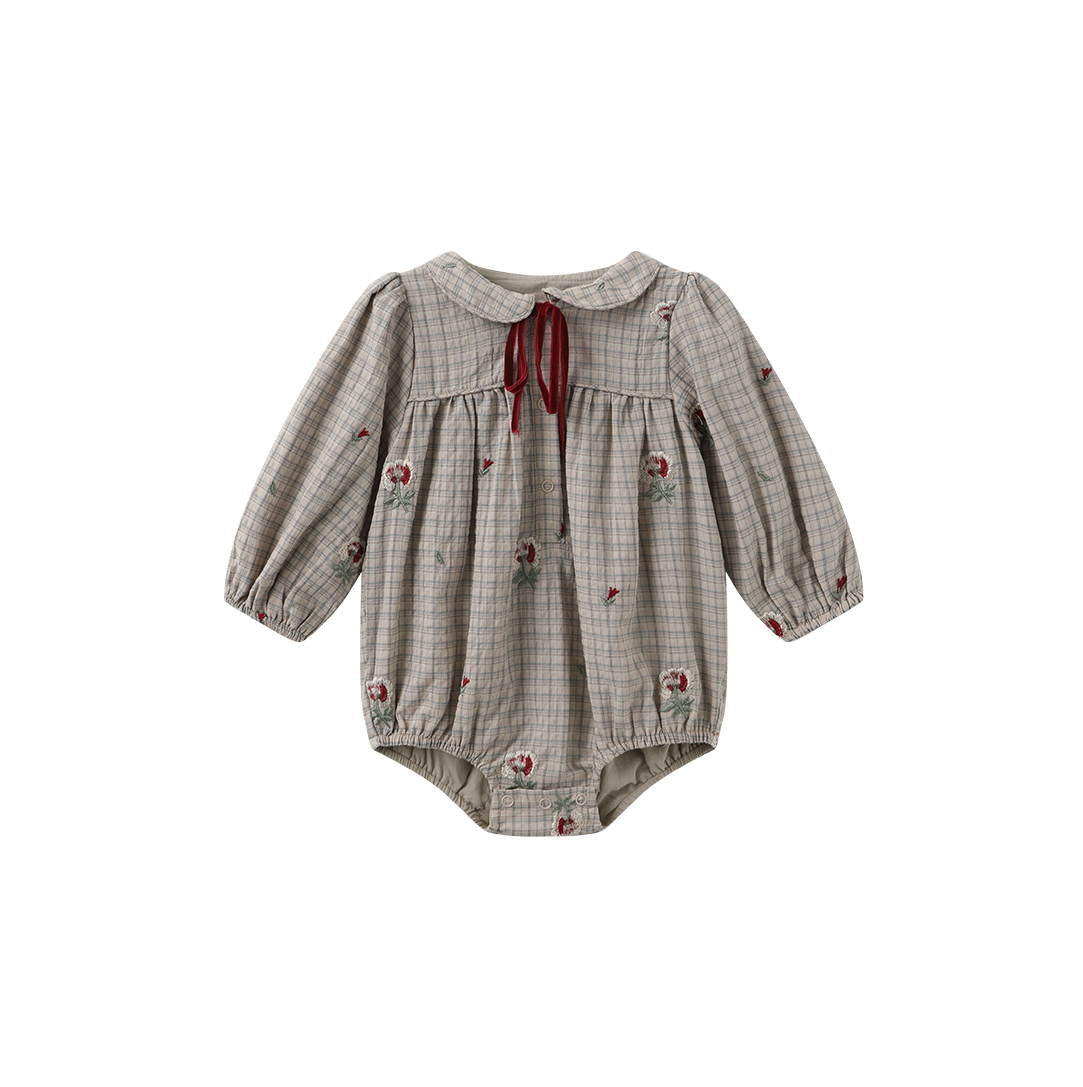 ONE CHILD TAUPE PLAID EMBROIDERED FLOWER ROMPER