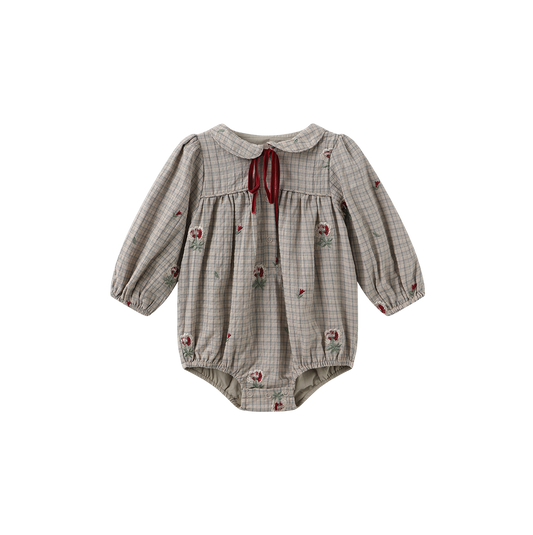 ONE CHILD TAUPE PLAID EMBROIDERED FLOWER ROMPER