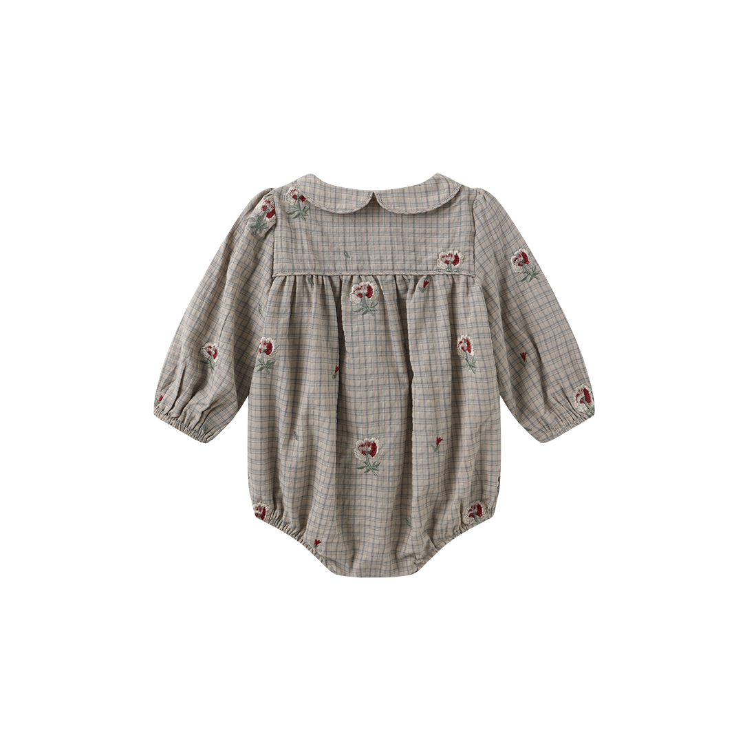 ONE CHILD TAUPE PLAID EMBROIDERED FLOWER ROMPER