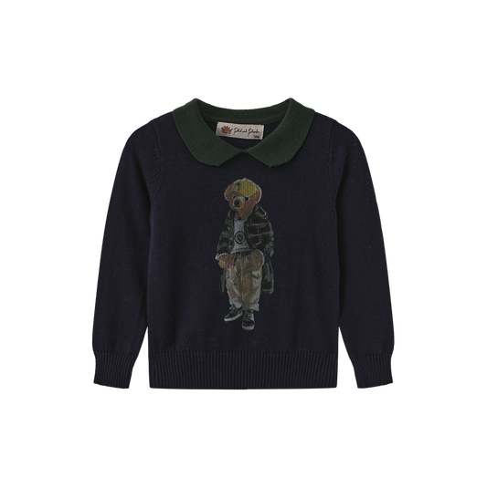 PHIL AND PHOEBE NAVY KNIT BEAR PATCH SWEATER