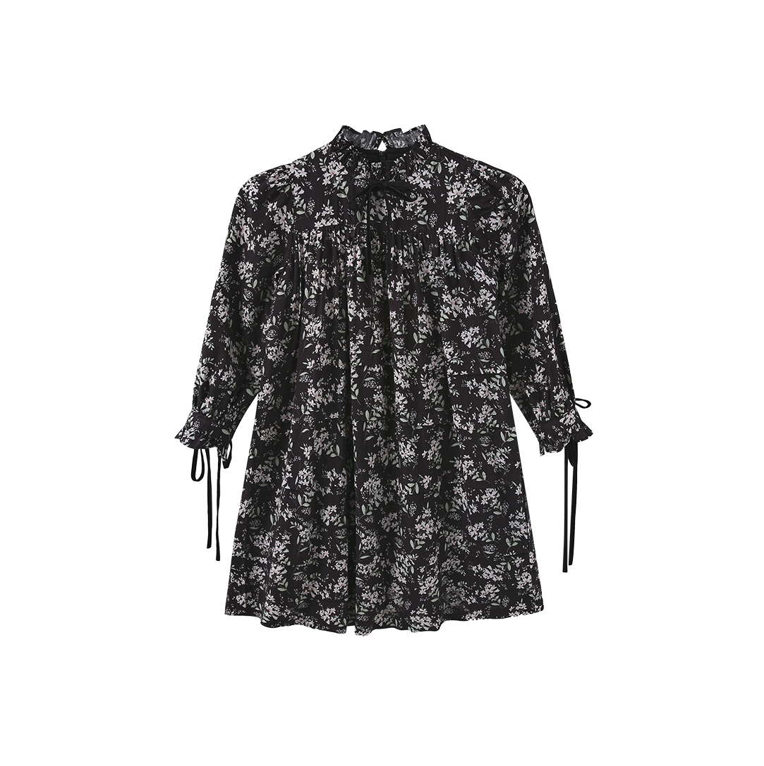 PAPILLON BLACK RUFFLE NECK FLORAL DRESS