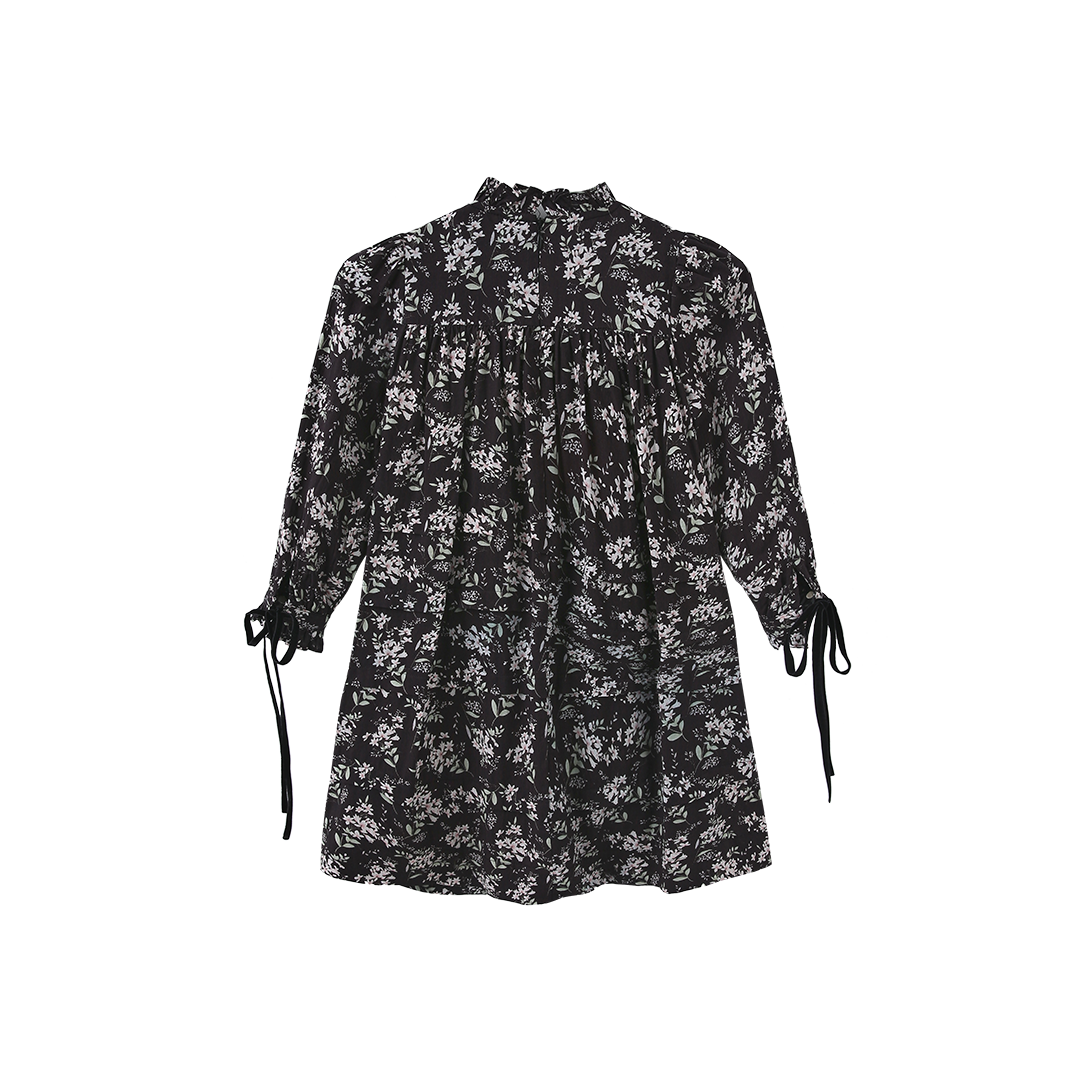 PAPILLON BLACK RUFFLE NECK FLORAL DRESS