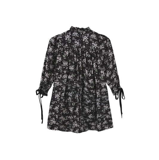 PAPILLON BLACK RUFFLE NECK FLORAL DRESS