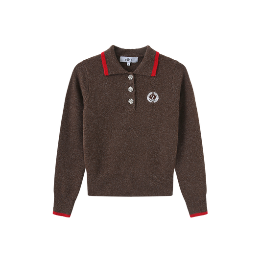 VIBE BROWN KNIT COLLARED CREST SWEATER