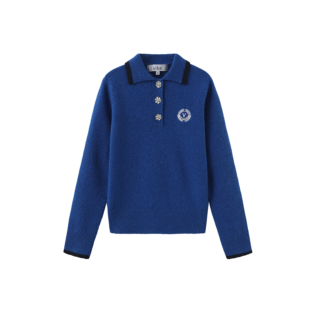 VIBE BLUE KNIT COLLARED CREST SWEATER
