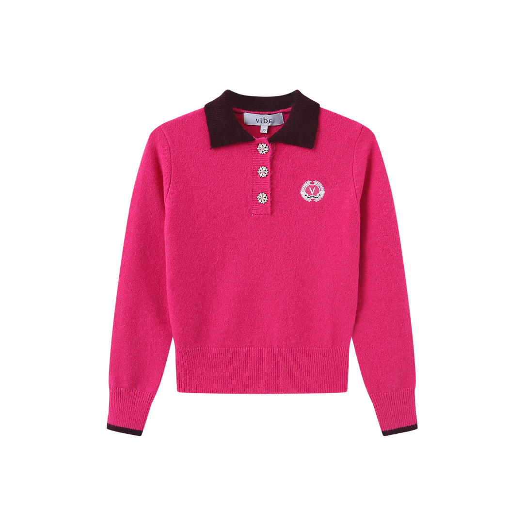 VIBE PINK KNIT COLLARED CREST SWEATER