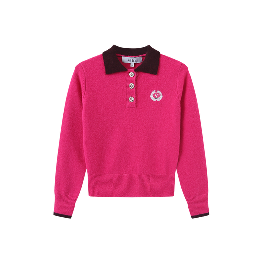 VIBE PINK KNIT COLLARED CREST SWEATER