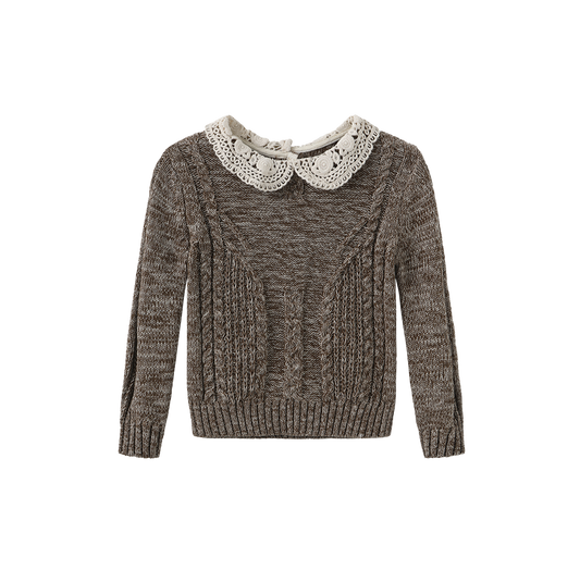 ONE CHILD TAUPE MARLED KNIT LACE COLLAR SWEATER