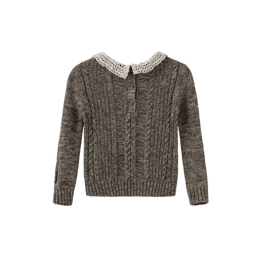 ONE CHILD TAUPE MARLED KNIT LACE COLLAR SWEATER