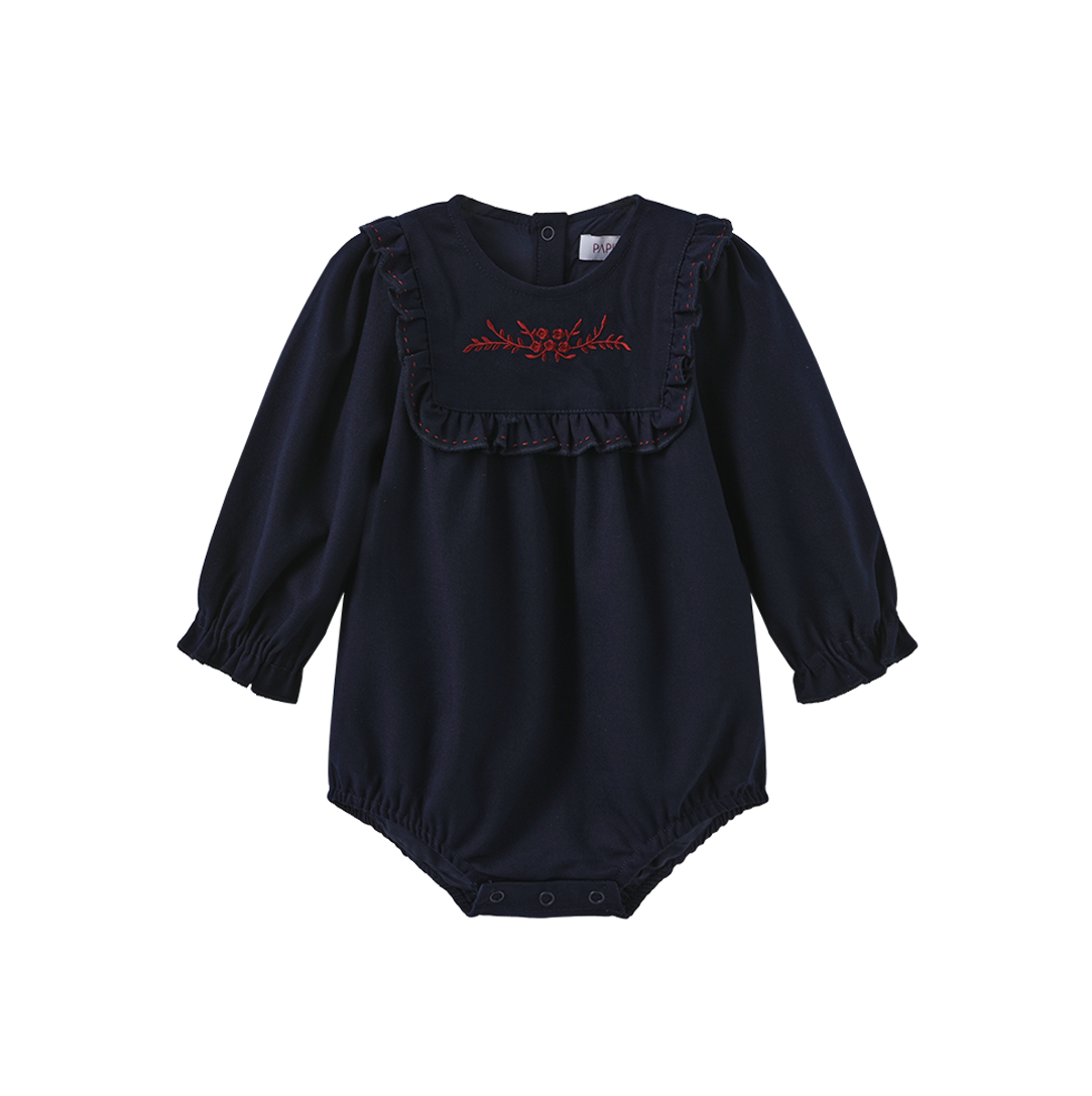 PAPILLON NAVY WOOL EMBROIDER BIB ROMPER
