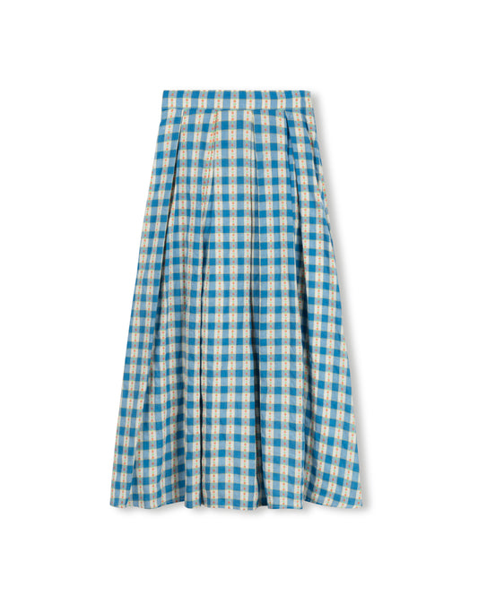 ONE CHILD BLUE CHECKED FLORAL MIDI SKIRT