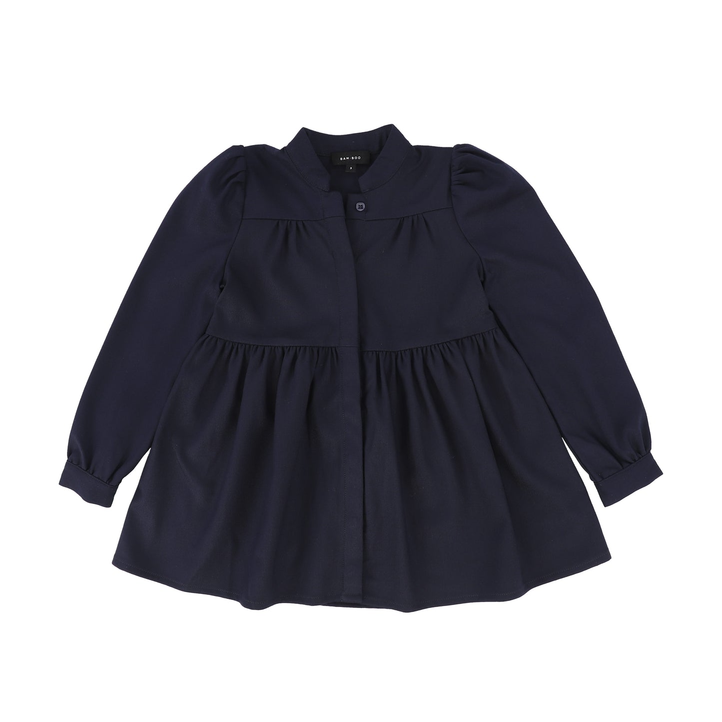 BAMBOO NAVY WOOL TIERED PUFF SLEEVE DRESS [Final Sale]
