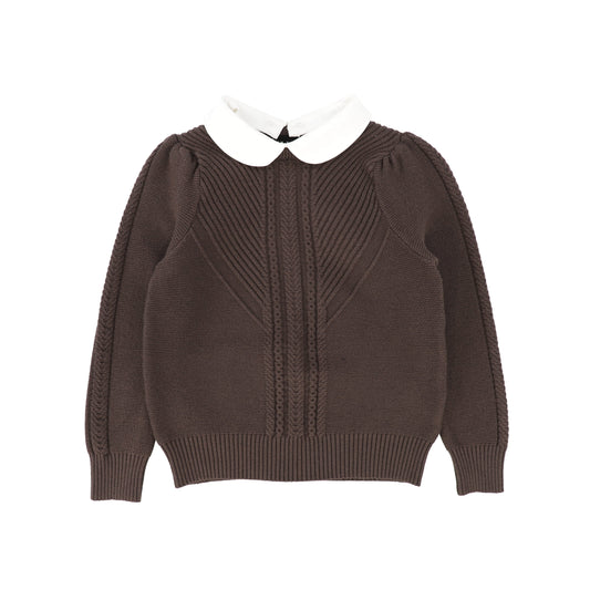 BAMBOO BROWN BRAIDED KNIT PUFF SLEEVE SWEATER [Final Sale]