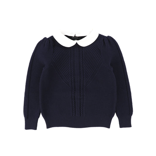 BAMBOO NAVY BRAIDED KNIT PUFF SLEEVE SWEATER [Final Sale]