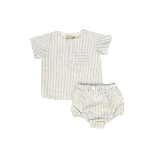 ONE CHILD GREY STRIPED HENLEY SHIRT AND BLOOMERS SET