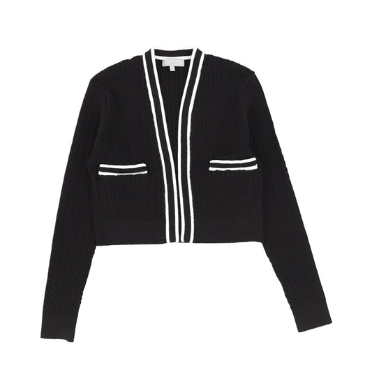 BACE COLLECTION BLACK CABLE KNIT WHITE TRIM CARDIGAN