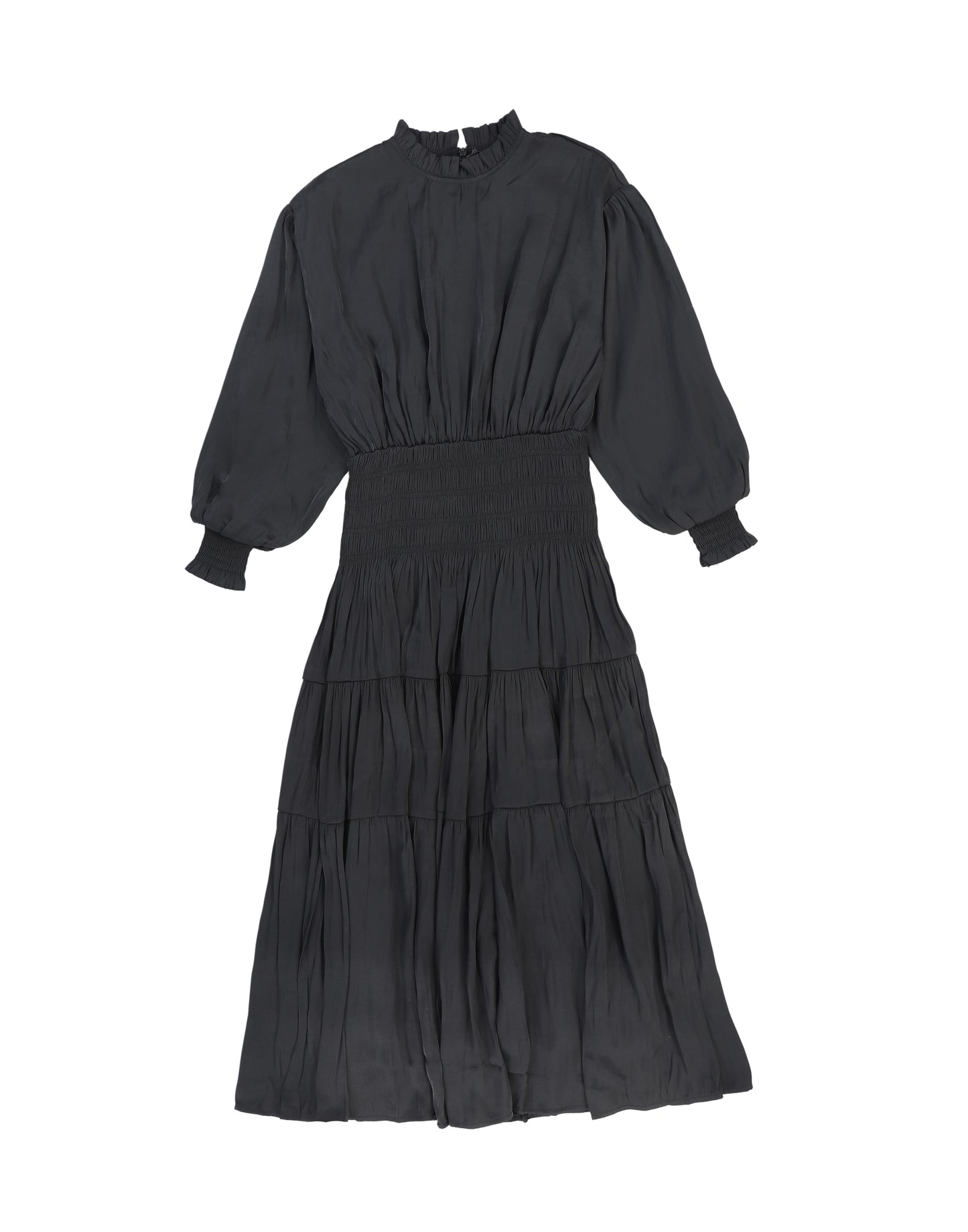 Bamboo Black Silk Smock Waisted Puff Sleeve Dress [FINAL SALE]