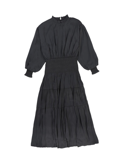 Bamboo Black Silk Smock Waisted Puff Sleeve Dress [FINAL SALE]