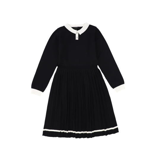 Bamboo Black Knit Pleated Trim Collar Dress