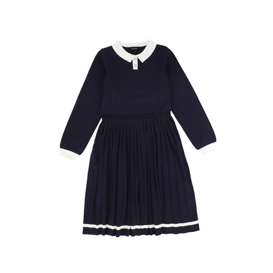 Bamboo Navy Knit Pleated Trim Collar Dress [FINAL SALE]