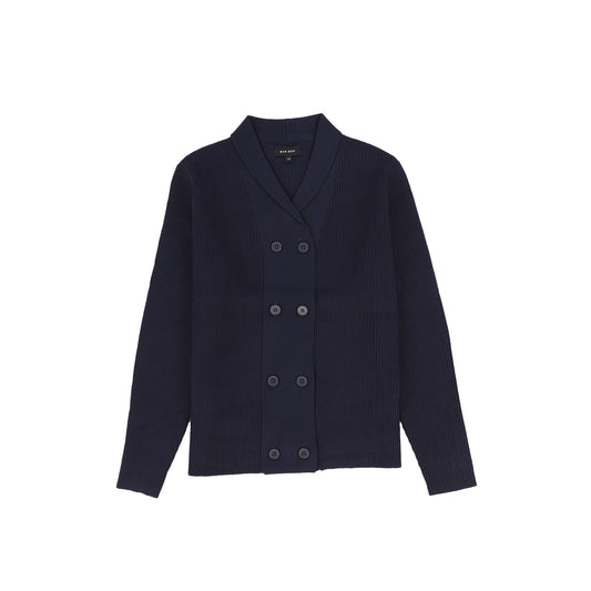 Bamboo Navy Ribbed Knit Double Breasted Blazer