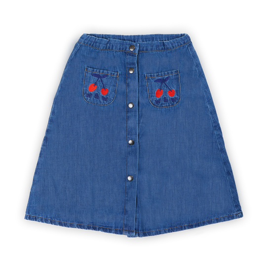 WANDER & WONDER DENIM EMBROIDERED CHERRY SKIRT