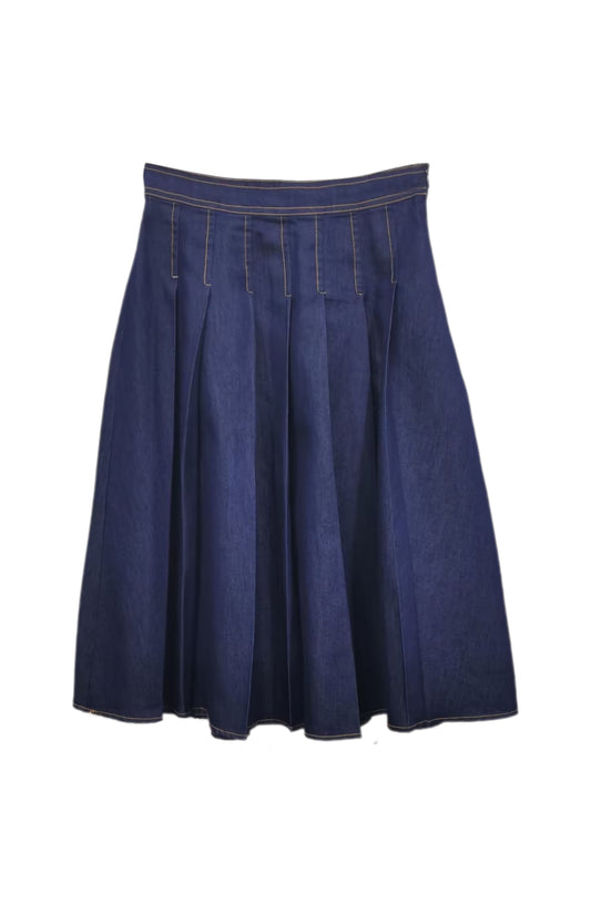VALENTINA BLACK DENIM BOX PLEAT KNEE LENGTH DENIM SKIRT