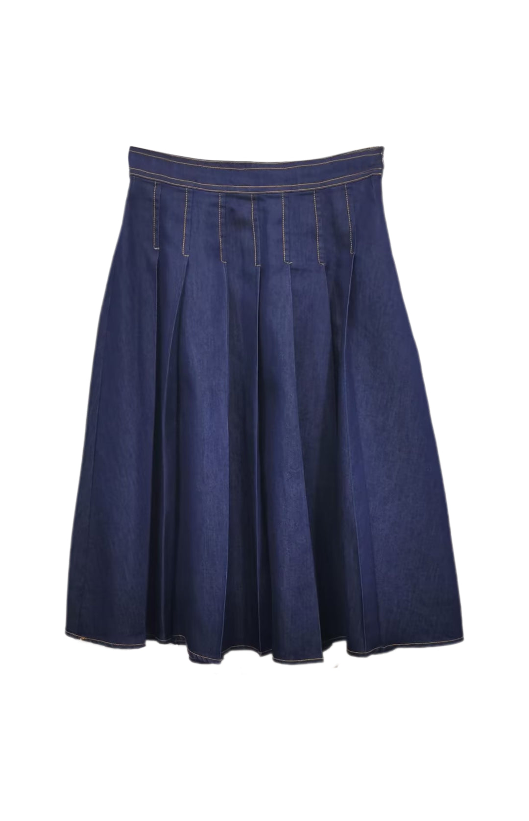 VALENTINA LT BLUE DENIM BOX PLEAT KNEE LENGTH DENIM SKIRT
