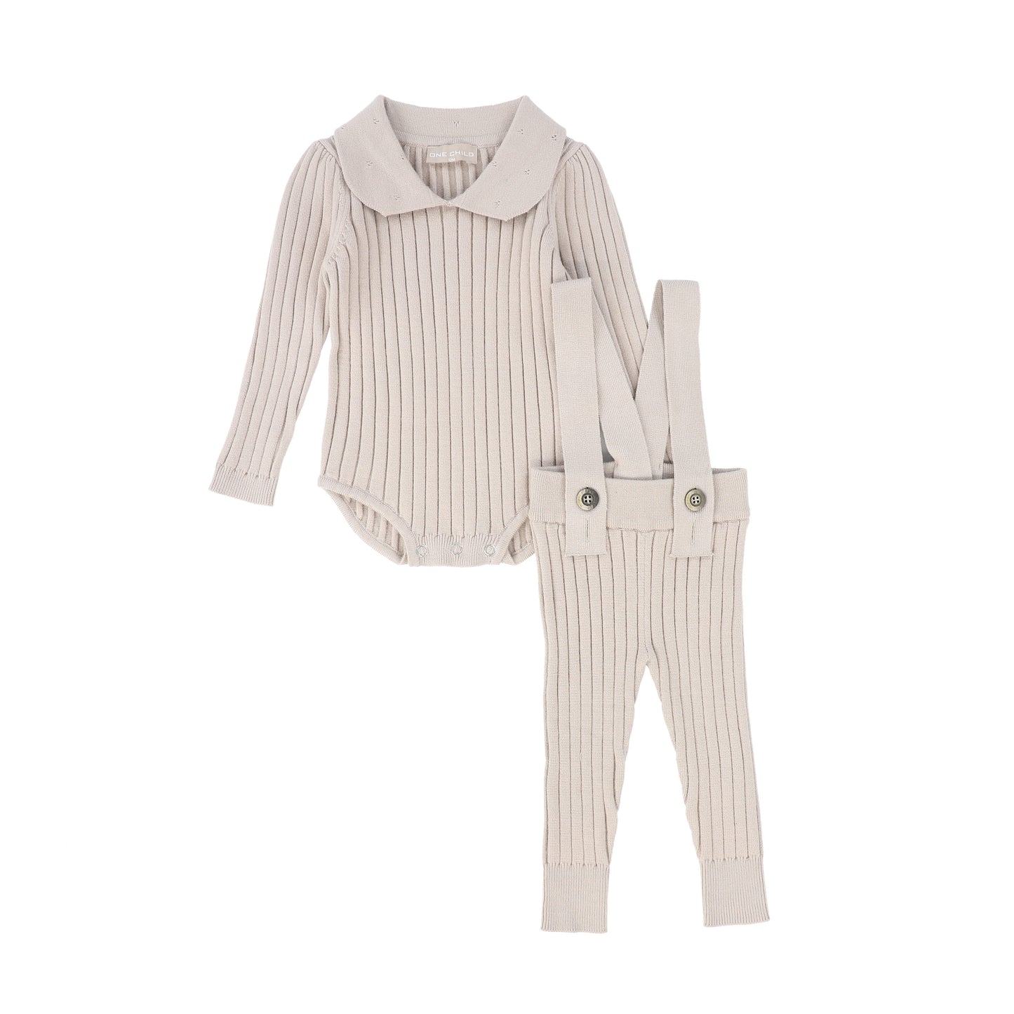 ONE CHILD OATMEAL RIBBED KNIT SUSPENDER SET