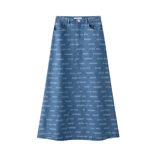 COCO BLANC BLUE DENIM WORDED MIDI SKIRT