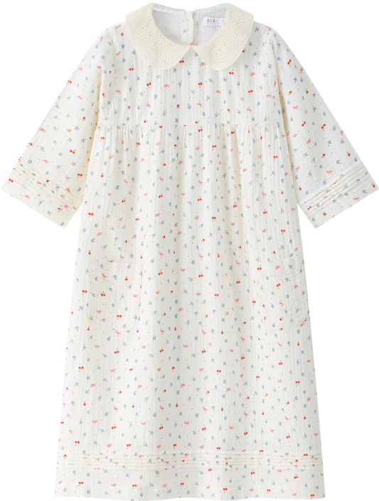 COCO BLANC IVORY GAUZE CHERRY PRINT COLLAR DRESS