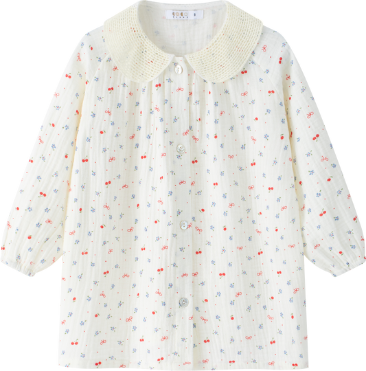COCO BLANC IVORY GAUZE CHERRY PRINT BLOUSE