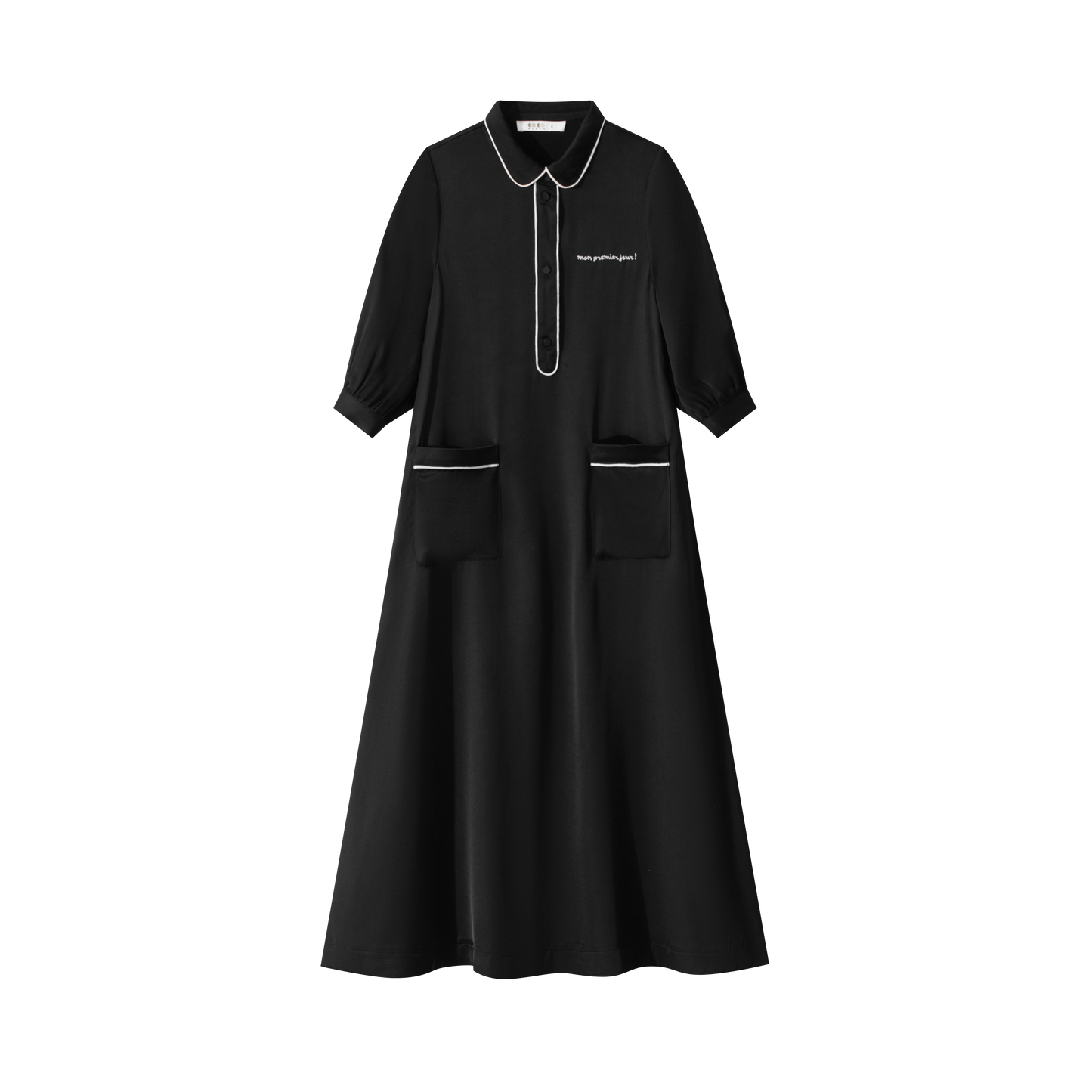 coco blanc black taffeta dress Black Silk Piped Trim Shirt Dress