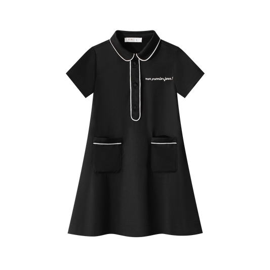 COCO BLANC BLACK SILK PIPED TRIM SHIRT DRESS