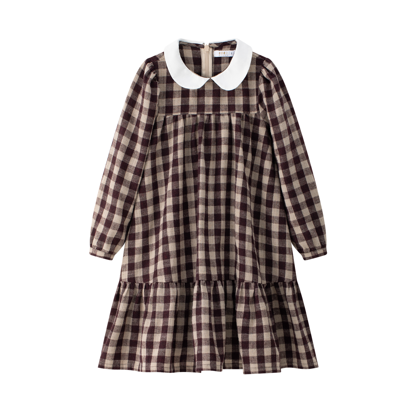 COCO BLANC BURGUNDY GINGHAM PETER PAN COLLAR TIERED DRESS