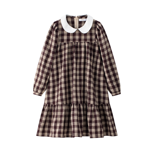 COCO BLANC BURGUNDY GINGHAM PETER PAN COLLAR TIERED DRESS