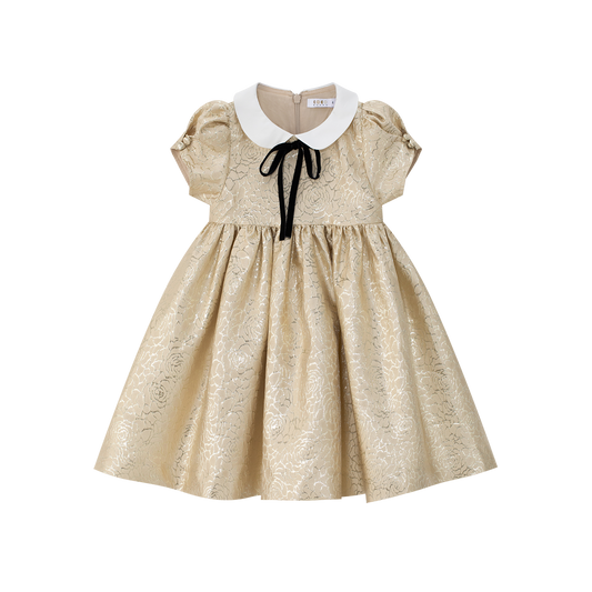 COCO BLANC GOLD JACQUARD PETER PAN COLLAR BOW DRESS