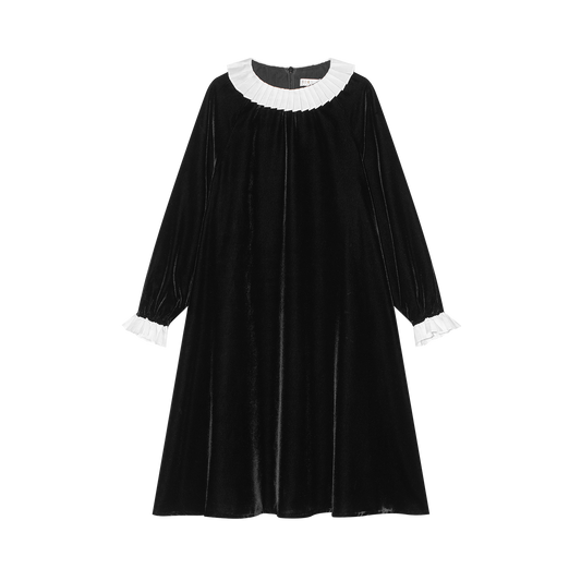 COCO BLANC BLACK/WHITE TRIM VELVET PLEATED COLLAR DRESS